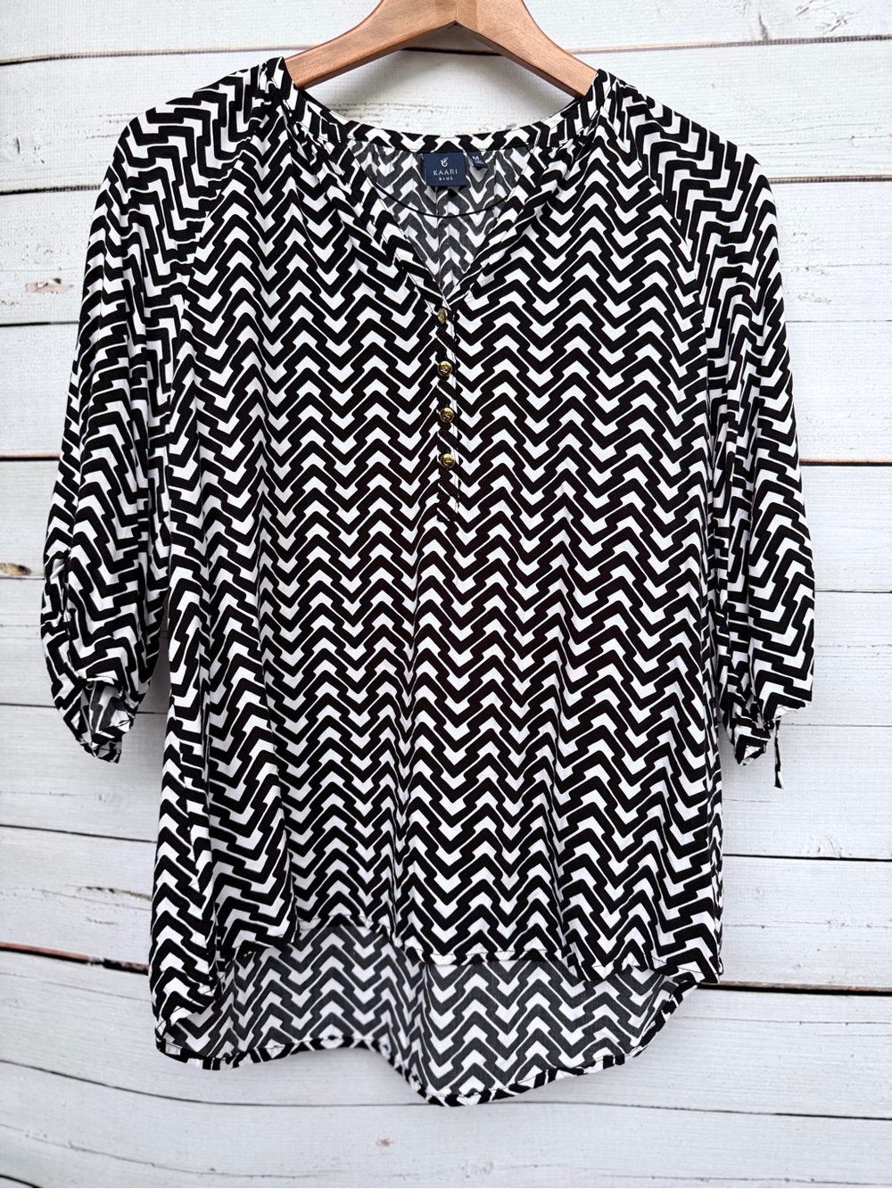 Kaari Blue Black and White Geometric Blouse - Picture 2 of 5